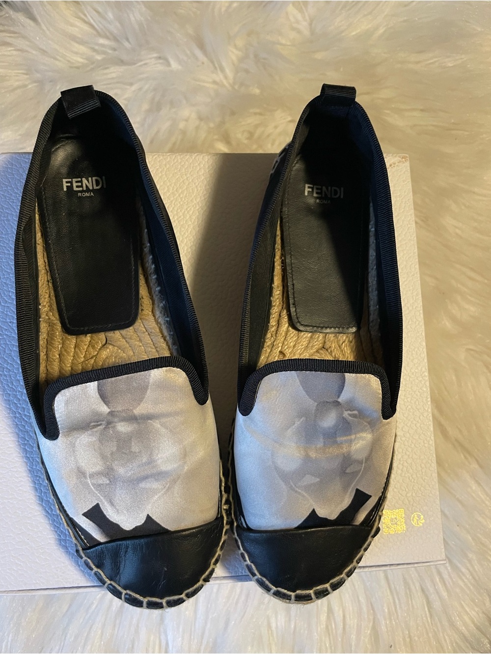 Fendi Black and White Canvas & Leather Espadrille Flats Made in Spain 🇪🇸